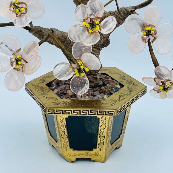 Vintage Mid-Century Cherry Blossom Stone Tree Brass Base Made in Hong Kong MCM - Picture 2 of 9